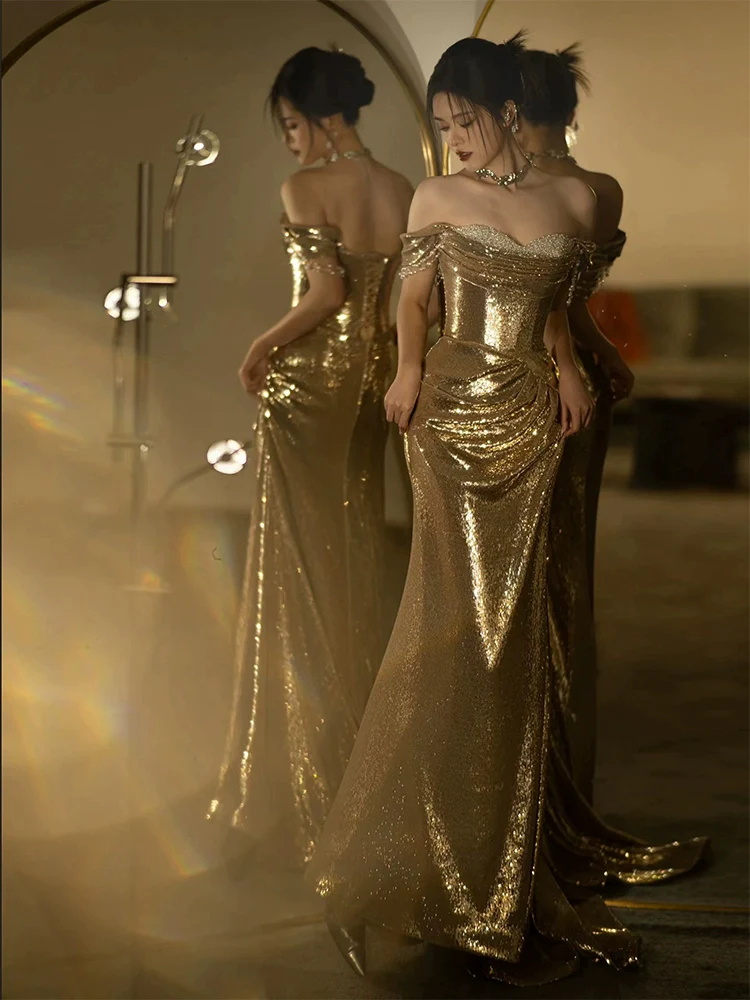 Mermaid Gold Long Prom Dress Sexy Off Shoulder Evening Dresses fg7664