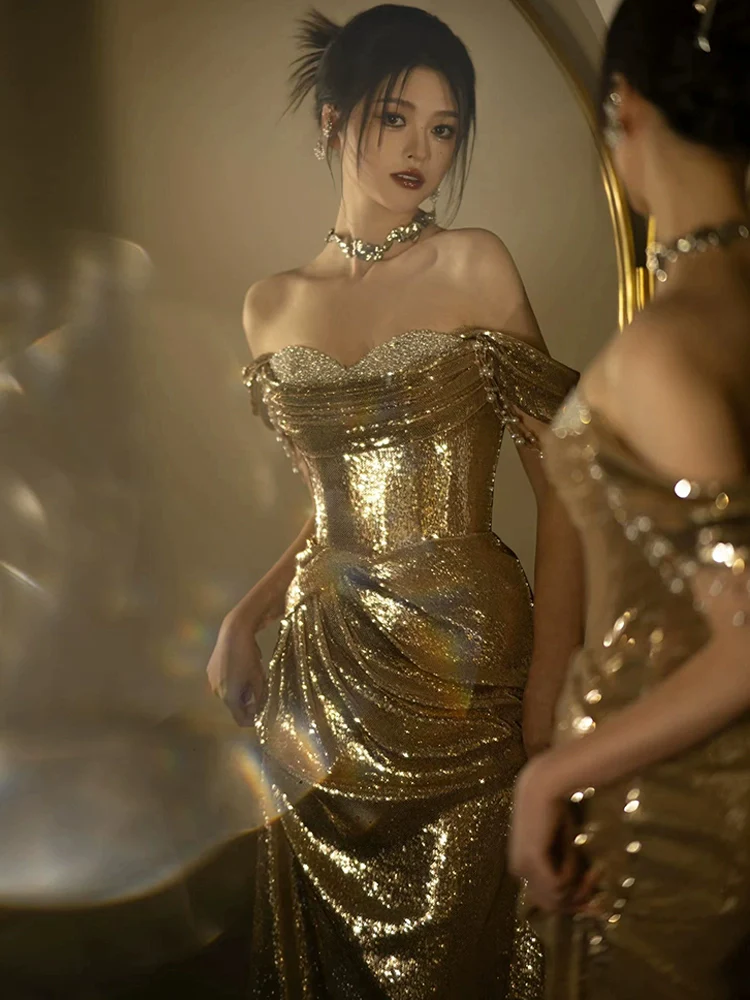 Mermaid Gold Long Prom Dress Sexy Off Shoulder Evening Dresses fg7664 - Image 2