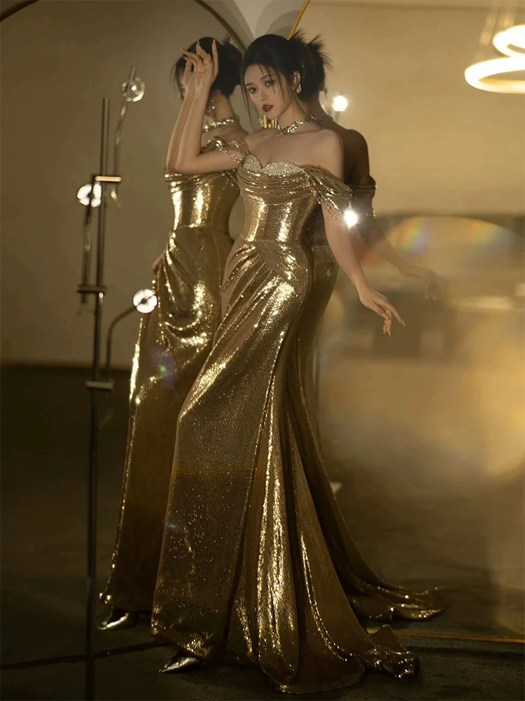 Mermaid Gold Long Prom Dress Sexy Off Shoulder Evening Dresses fg7664 - Image 3