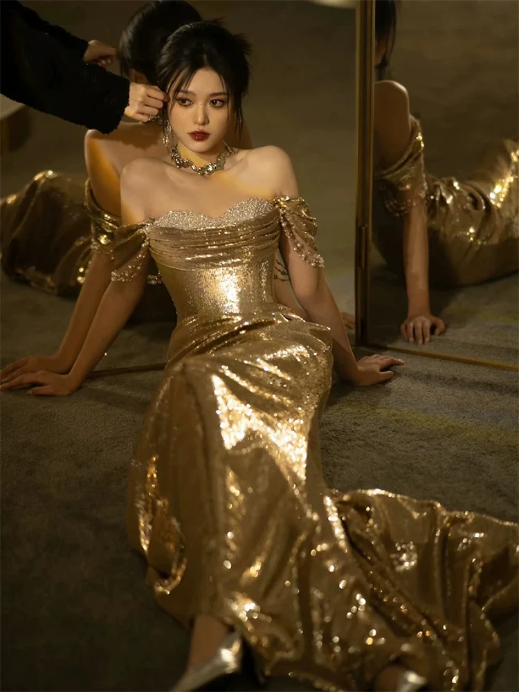 Mermaid Gold Long Prom Dress Sexy Off Shoulder Evening Dresses fg7664 - Image 4