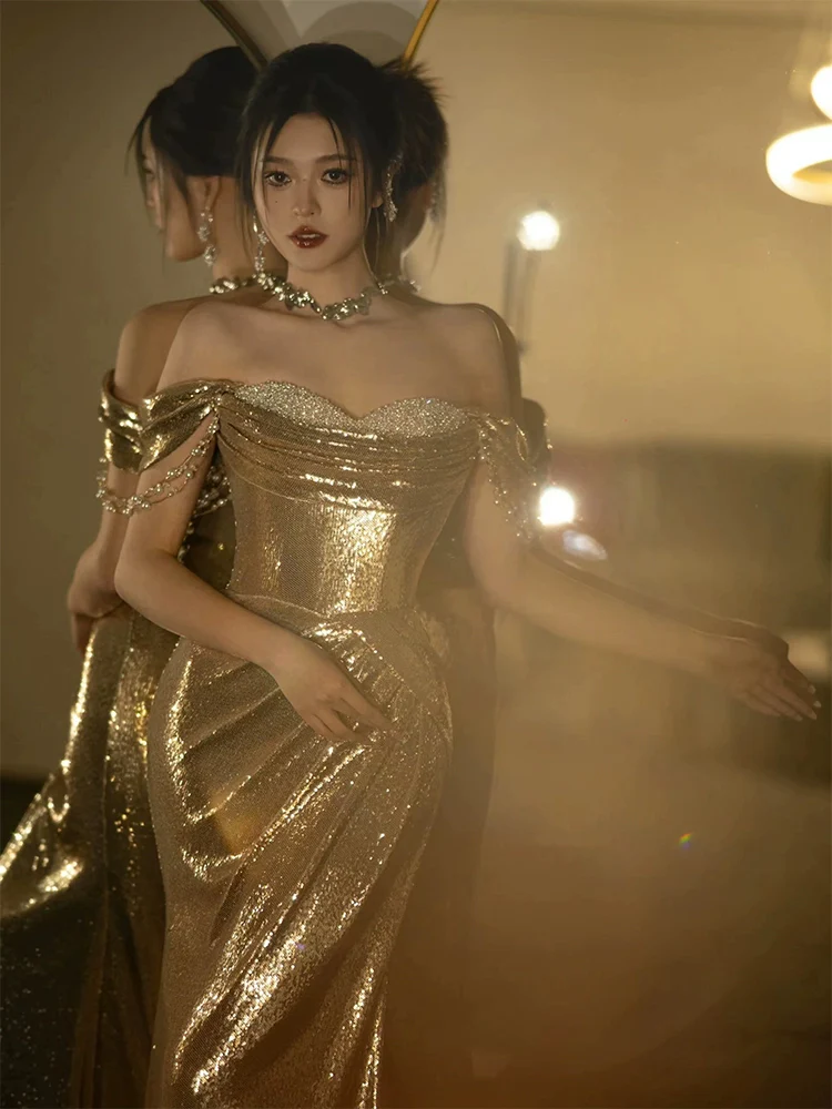Mermaid Gold Long Prom Dress Sexy Off Shoulder Evening Dresses fg7664 - Image 5