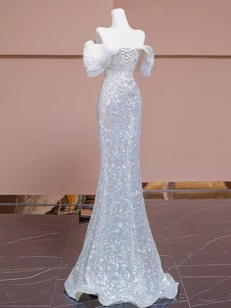 Mermaid Off The Shoulder Sequin Long Evening Dress Beads Prom Dress  fg8578 - Image 2
