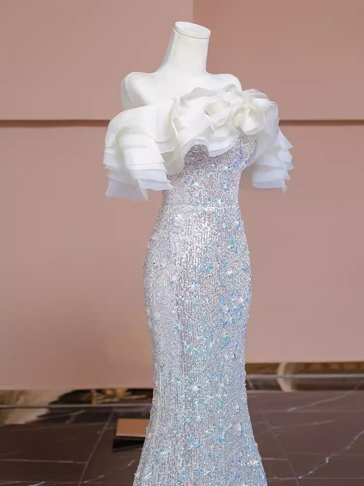 Mermaid Off The Shoulder Sequin Long Evening Dress Beads Prom Dress  fg8578 - Image 3