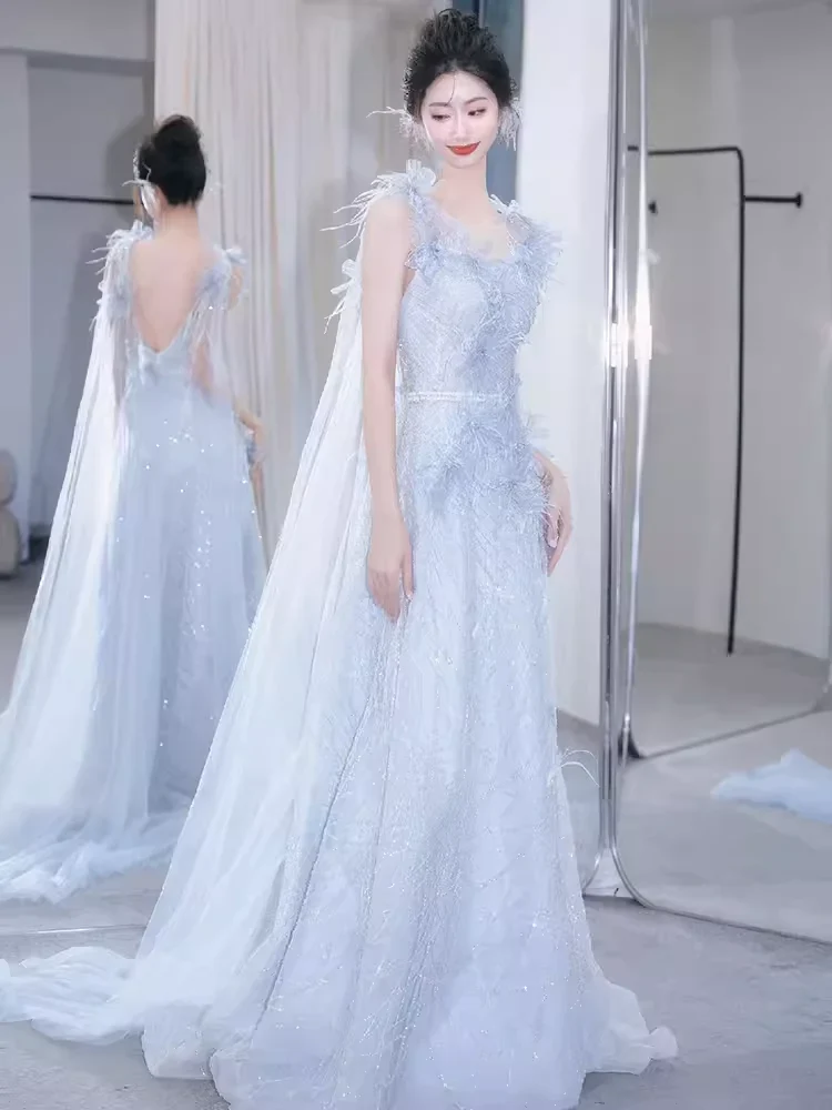 Mermaid Straps Gray Sequin Long Evening Dress Beads Prom Dress fg8579
