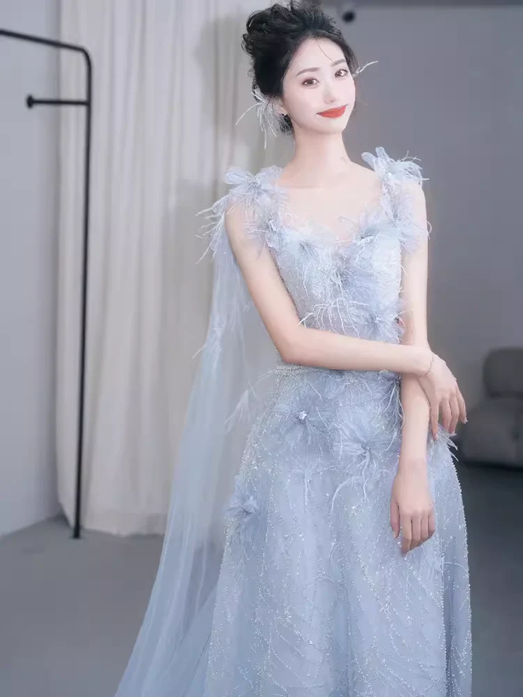 Mermaid Straps Gray Sequin Long Evening Dress Beads Prom Dress fg8579 - Image 3
