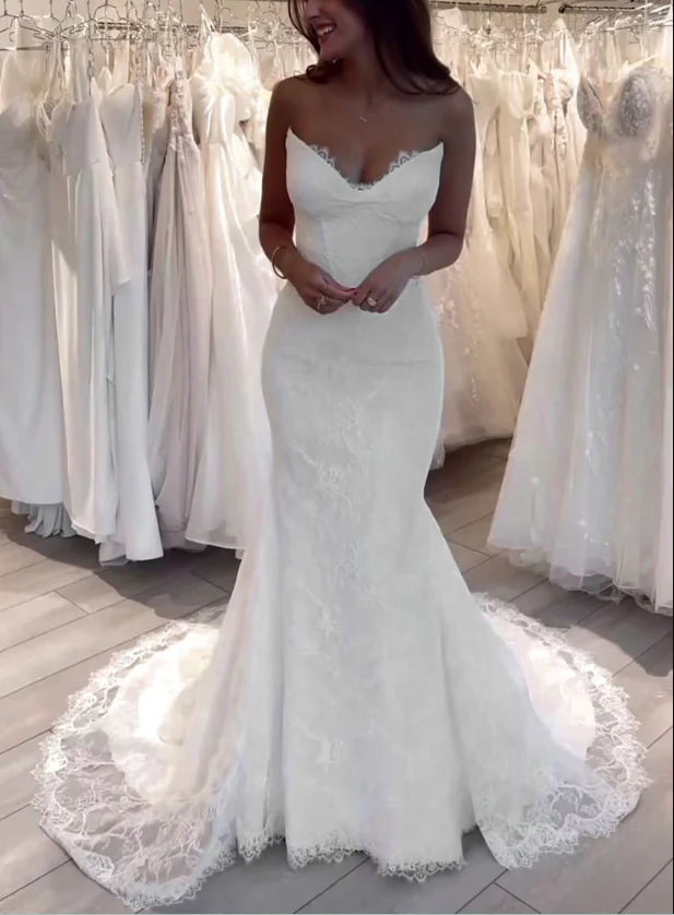 Mermaid V Neck Lace Long Wedding Dresses, Elegant Wedding Dress        fg7180 - Image 3