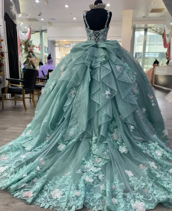 Green Princess Ball Gown Quinceanera Dresses With Bow Appliques Sweet 16 Dress Vestidos De 15 anos    fg4586 - Image 3