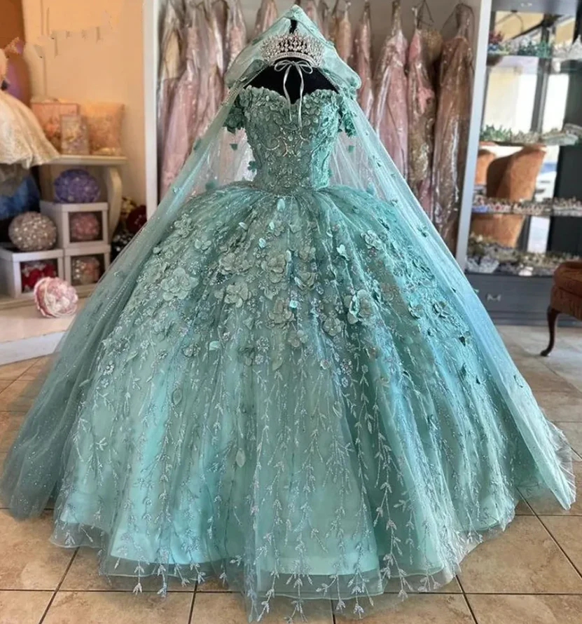 Mint Green Quinceanera Dresses with cape Floral Appliques Lace-up Back Corset prom Sweet 15 Girls Birthday Party dress fg4290 - Image 2