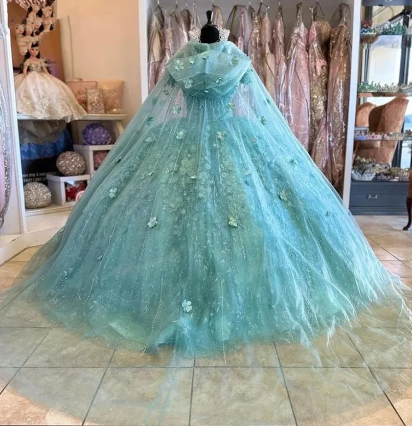 Mint Green Quinceanera Dresses with cape Floral Appliques Lace-up Back Corset prom Sweet 15 Girls Birthday Party dress fg4290 - Image 3