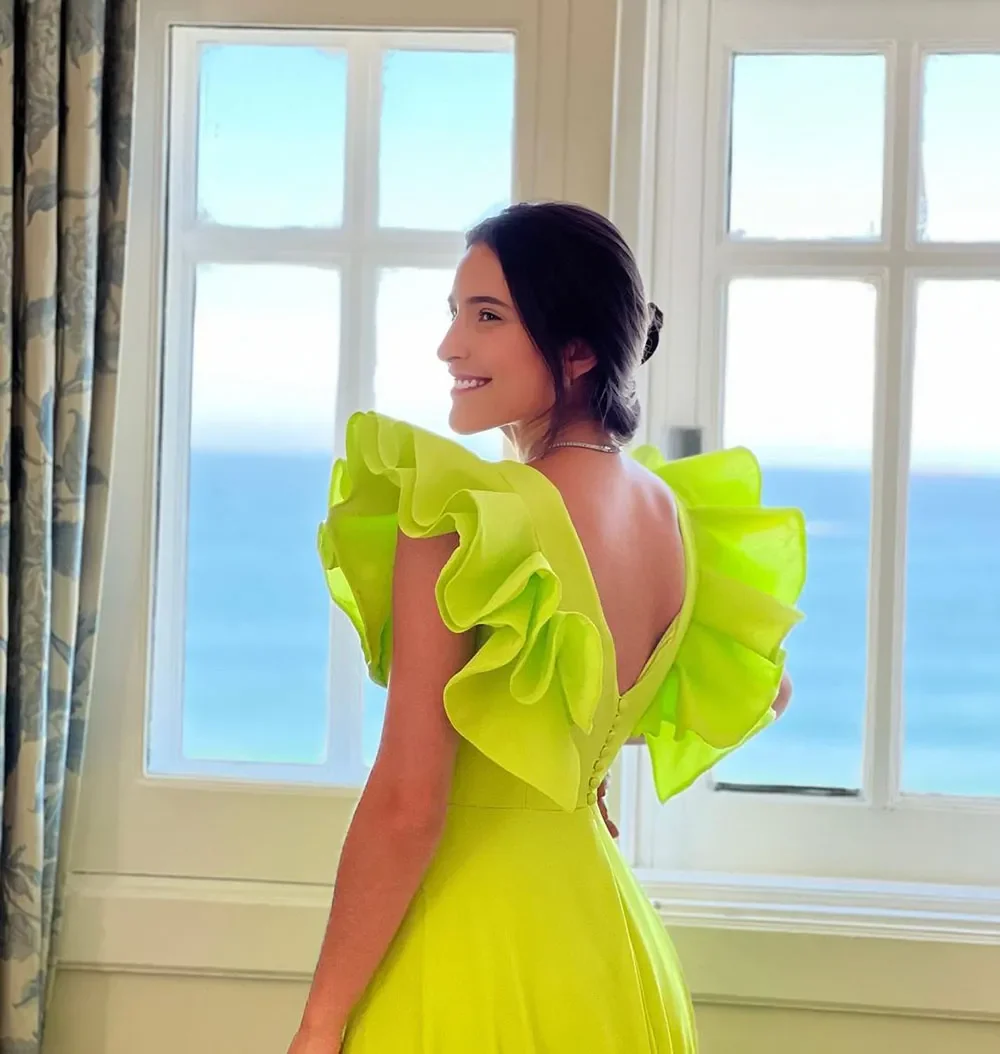 Modern Ruffles Sleeve Evening Dresses V Neck Side Split Satin Special Dress Prom Gown     fg5614 - Image 2