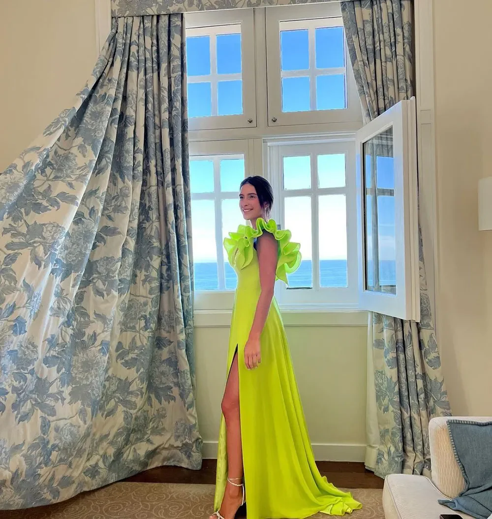 Modern Ruffles Sleeve Evening Dresses V Neck Side Split Satin Special Dress Prom Gown     fg5614 - Image 3