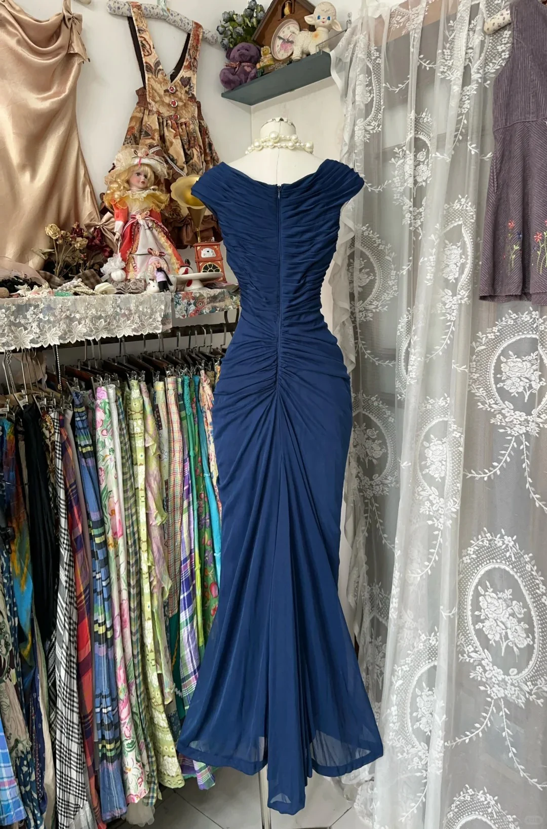 Navy Blue Mermaid Pleats Vintage Prom Dress Long Evening Dress   fg8038 - Image 2