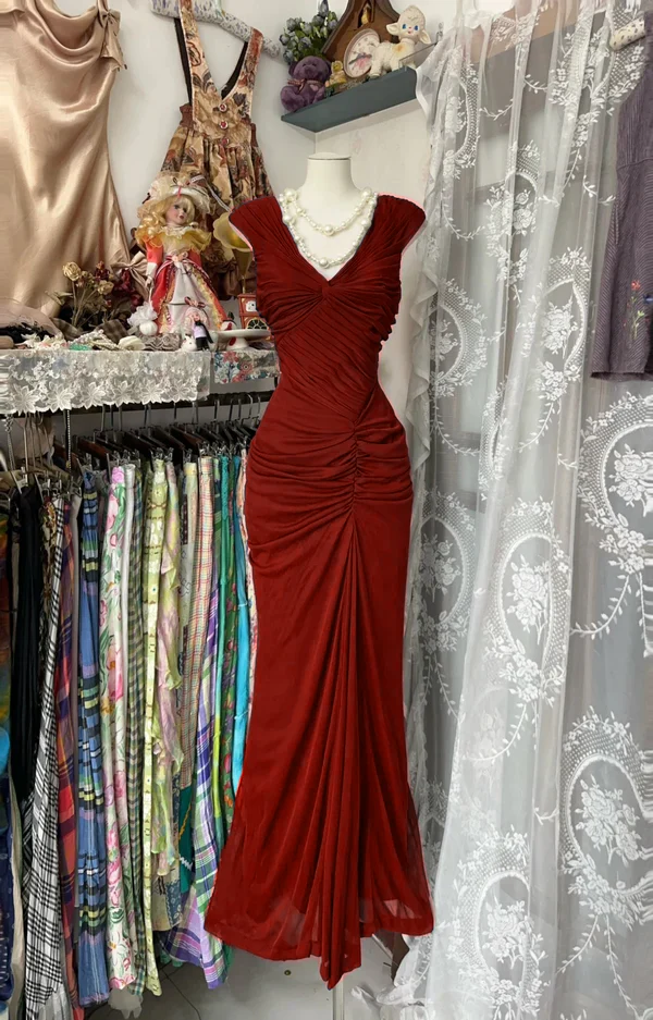 Navy Blue Mermaid Pleats Vintage Prom Dress Long Evening Dress   fg8038 - Image 5