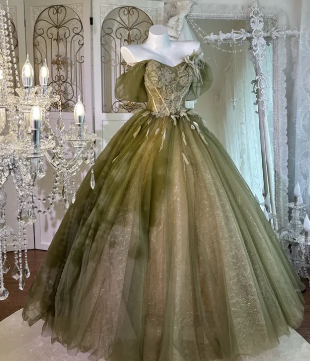 Off The Shoulder A Line Green Tulle Prom Party Dress Evening Dress Birthday Dress fg8645