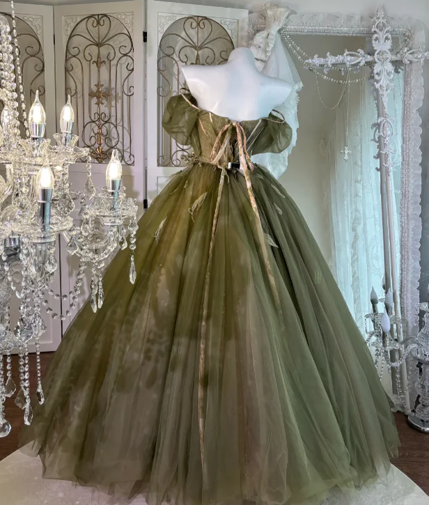 Off The Shoulder A Line Green Tulle Prom Party Dress Evening Dress Birthday Dress fg8645 - Image 2
