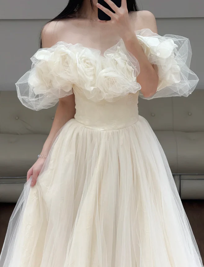 Off The Shoulder A Line Prom Dress Beige Tulle Birthday Dress fg8622 - Image 2