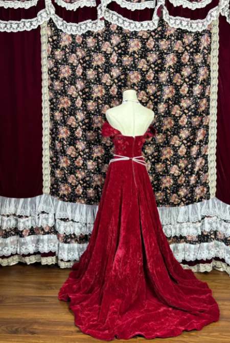 Off The Shoulder Burgundy Prom Party Dress Velvet Evening Dress fg8602 - Image 2