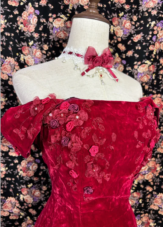 Off The Shoulder Burgundy Prom Party Dress Velvet Evening Dress fg8602 - Image 3