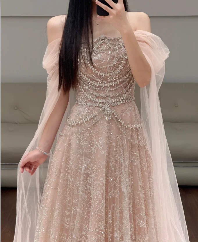 Off The Shoulder Tulle Pink Prom Party Dress Evening Dress Birthday Dress  fg8612 - Image 2