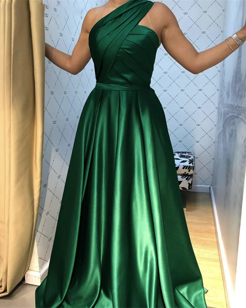One Shoulder A Line Satin Emerald Green Formal Evening Dress,Prom Party Long Gown fg4028 - Image 2