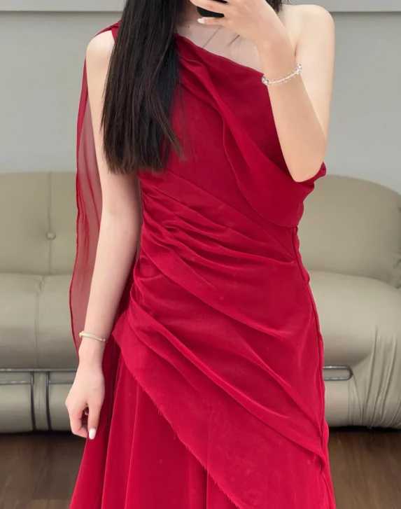 One Shoulder Modest Prom Party Dress Chiffon Evening Dress Birthday Outfit  fg8678 - Image 2