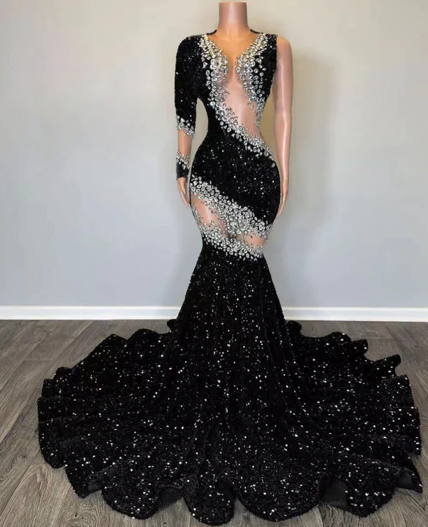 One Shoulder Prom Dresses, Diamond Prom Dresses, Black Sparkly Prom Dresses, Sequined Evening Dresses fg4383 - Image 2