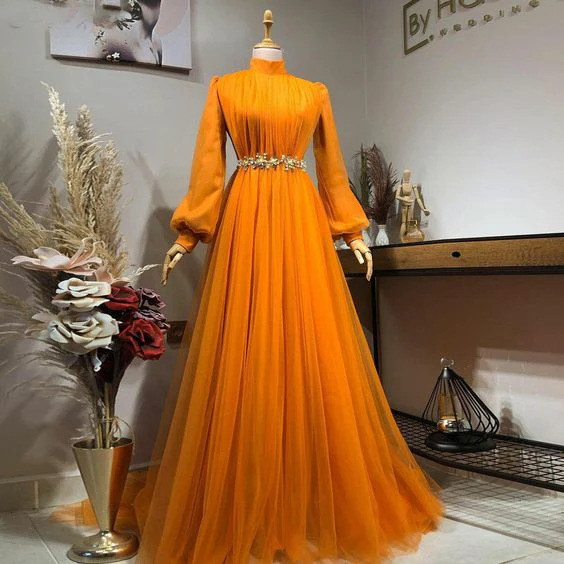 Orange Prom Dresses, Pleats Prom Dresses, Prom Dresses, Long Sleeve Prom Dresses, Tulle Prom Dresses, High Neck Prom Dress fg4382 - Image 2