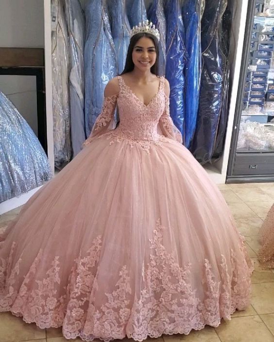 Pink A Line Tulle Ball Gown Lace Prom Dresses, Evening Gowns fg3981