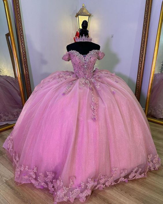 Pink Off The Shoulder Beading Crystal Quinceanera Dresses Ball Gown 3D Flowers Appliques Lace Sweet 15 Vestidos De XV Años fg5682 - Image 2