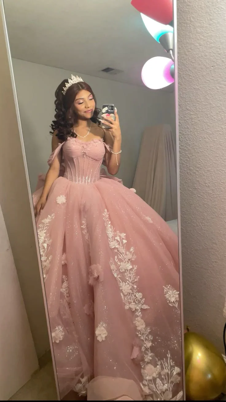Pink Quinceanera Dresses 3D Flowers Sweet 15 16 Party Off The Shoulder Ball Gown   fg7974 - Image 2