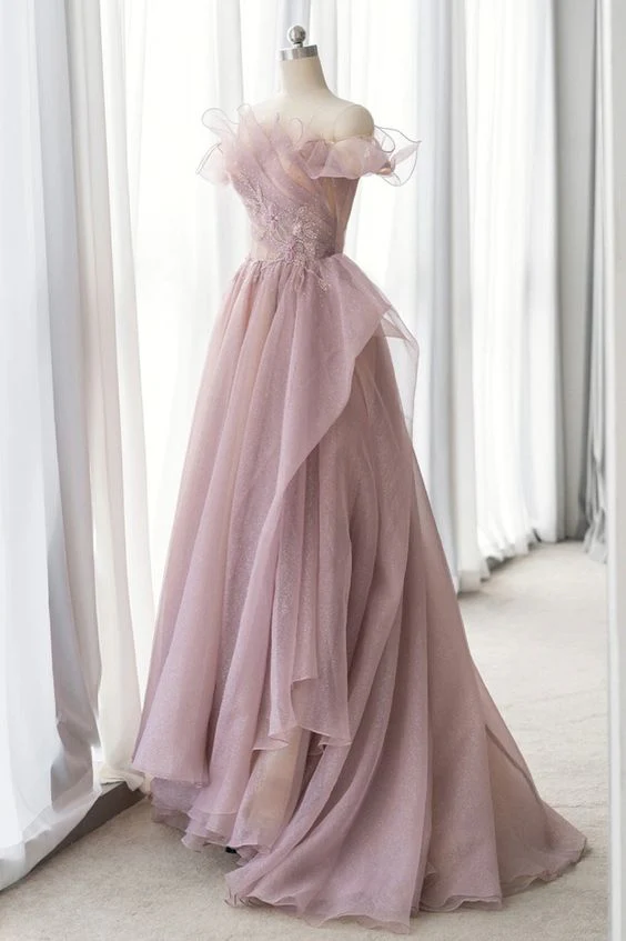 Pink Tulle Long A-line Prom Dress, Lovely Off the Shoulder Evening Dress fg4311