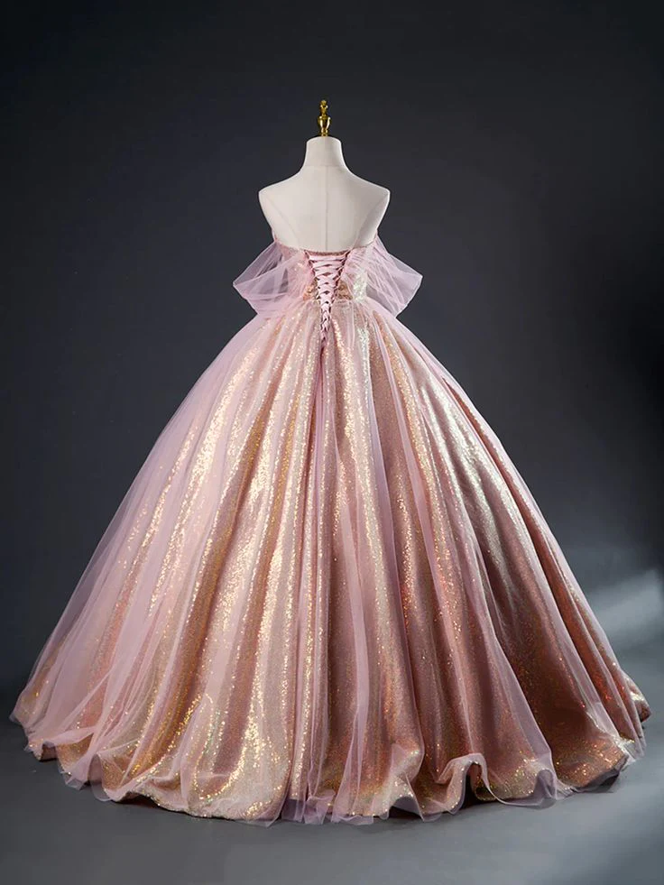 Pink Tulle Sequins Long Prom Dress, Pink Tulle Long Formal Evening Gowns        fg4420 - Image 2