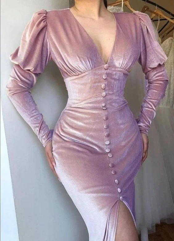 Pink V neck Velvet Front Slit Prom Dress Fashion Party Dress fg4627 - Image 2