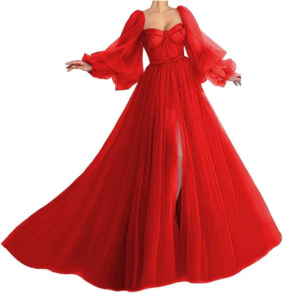 Puffy Sleeve Prom Dress Sweetheart Tulle Ball Gown Slit Formal Evening Gowns       fg4512 - Image 2