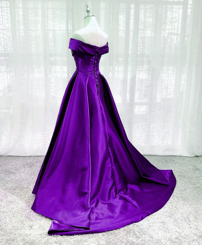 Purple Satin Off Shoulder Long Evening Dress Prom Dress, Purple A-line Party Dresses    fg4593 - Image 2