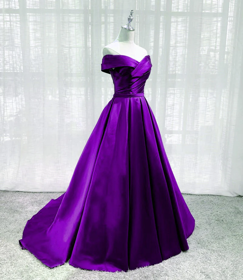 Purple Satin Off Shoulder Long Evening Dress Prom Dress, Purple A-line Party Dresses    fg4593 - Image 3