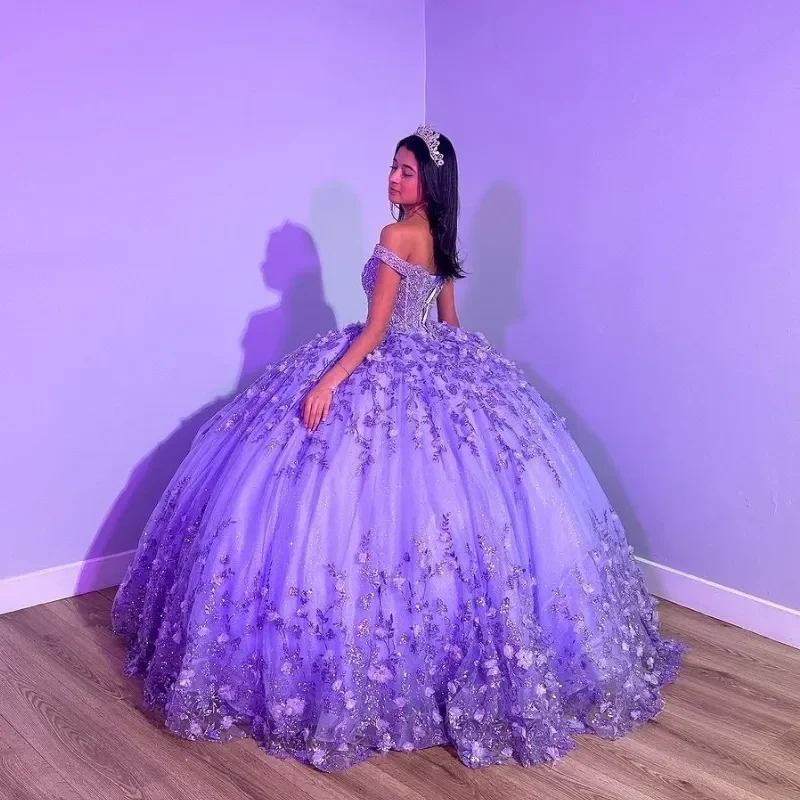 Purple Shiny Puffy Princess Quinceanera Dresses Off Shoulder Beads 3D Floral Gillter Sequins Lace-up Corset Vestidos 15 anos rosa fg5533 - Image 2