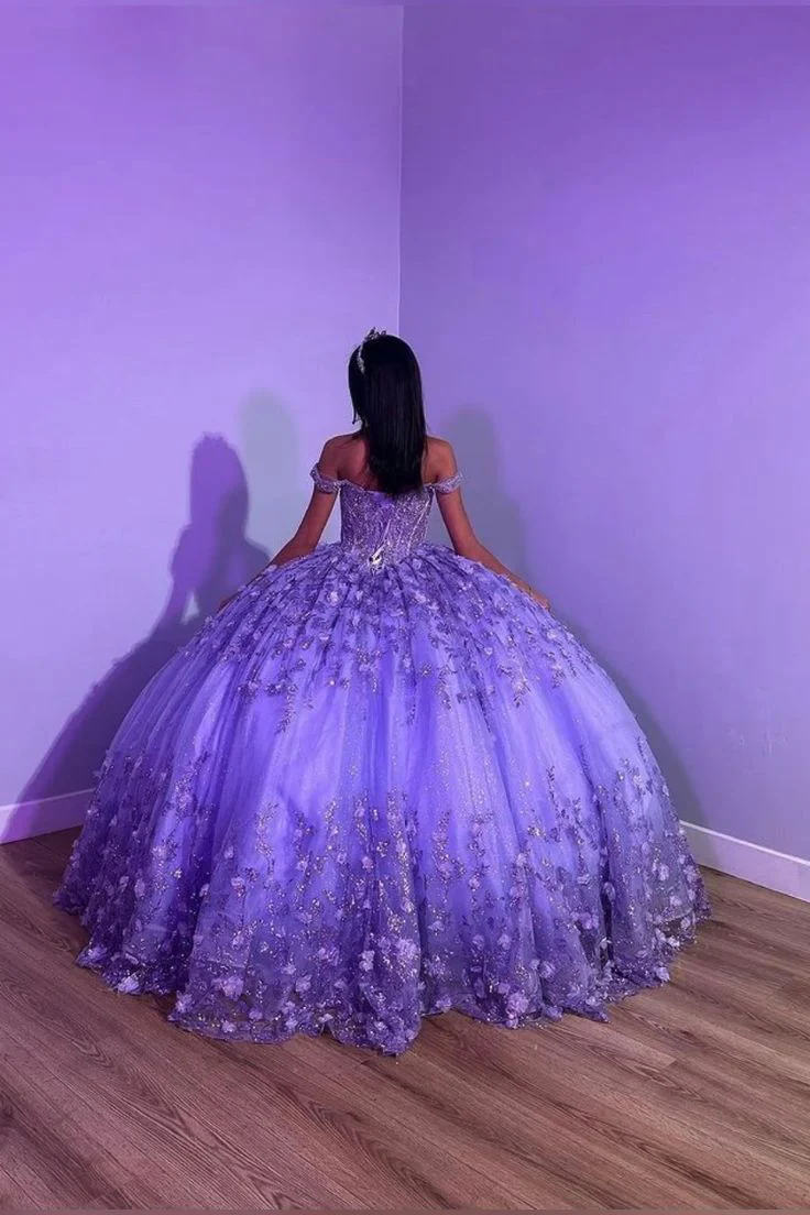 Purple Shiny Puffy Princess Quinceanera Dresses Off Shoulder Beads 3D Floral Gillter Sequins Lace-up Corset Vestidos 15 anos rosa fg5533 - Image 3