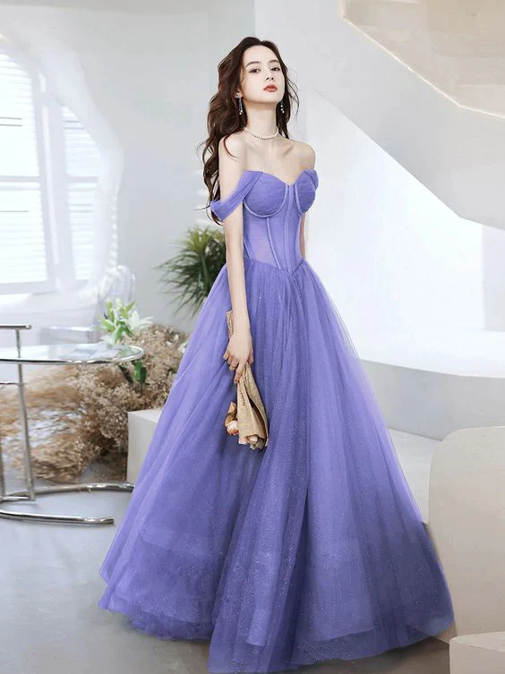 Purple Sweetheart Neck Tulle Long Prom Dress, Purple Formal Evening Graduation Dress fg4001