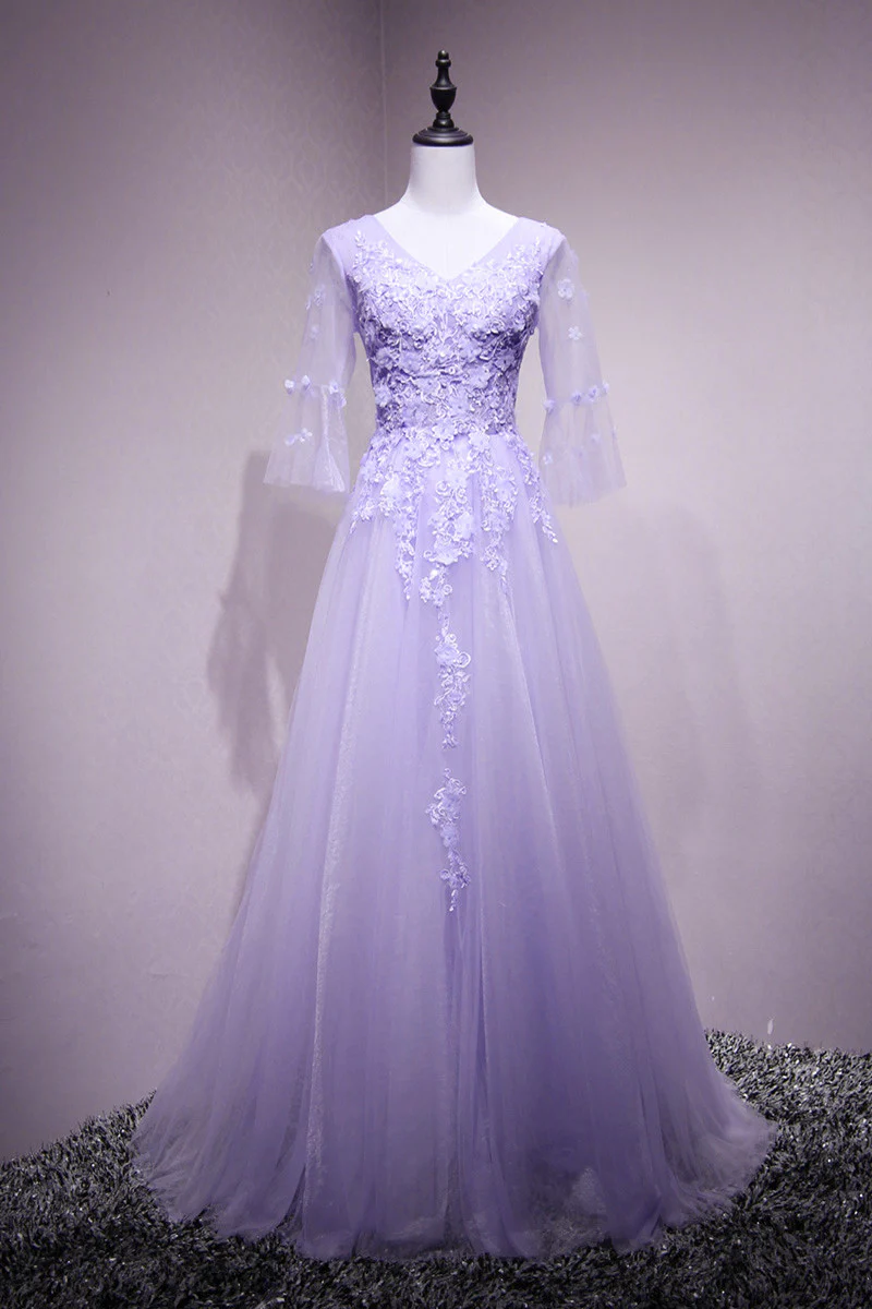 Purple Tulle Flower And Lace Short Sleeves Tulle Long Formal Dress,a-line Lavender Party Dress Prom Dress fg4486