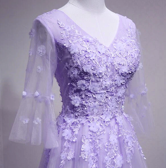 Purple Tulle Flower And Lace Short Sleeves Tulle Long Formal Dress,a-line Lavender Party Dress Prom Dress fg4486 - Image 2