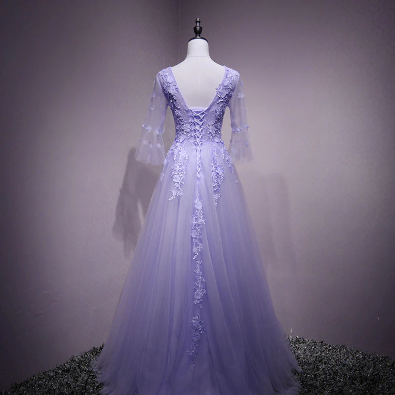 Purple Tulle Flower And Lace Short Sleeves Tulle Long Formal Dress,a-line Lavender Party Dress Prom Dress fg4486 - Image 3