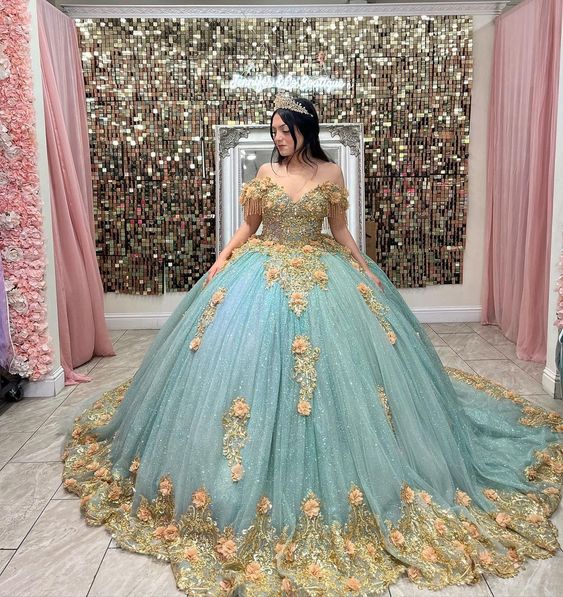 Quinceanera Dresses Off The Shoulder Ball Gown Gold Floral Appliques Handmade Flowers Lace Sweet 15 Party Dresses fg5547 - Image 2