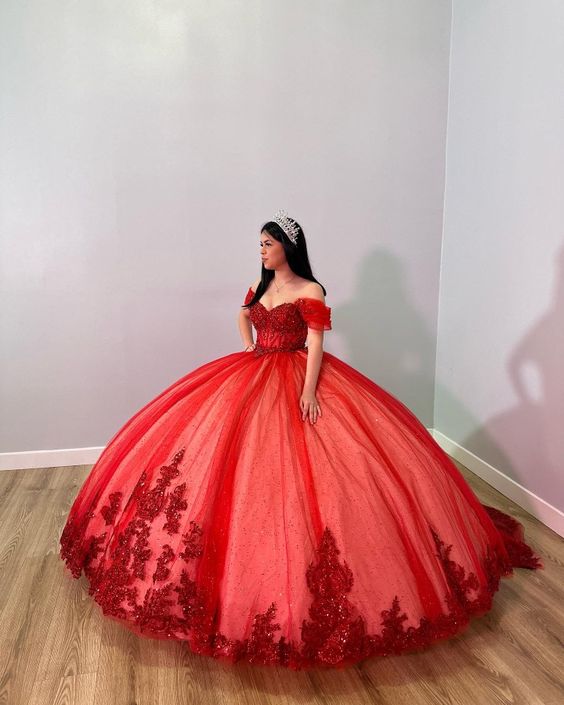 Red Off The Shoulder Ball Gown,Red Sweet 16 Dress,Princess Dress fg5629 - Image 2