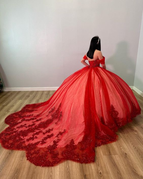 Red Off The Shoulder Ball Gown,Red Sweet 16 Dress,Princess Dress fg5629 - Image 3