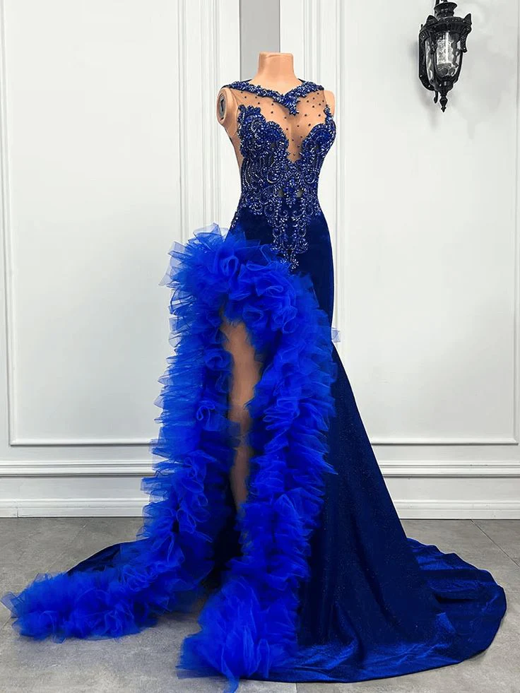 Royal Blue Mermaid Prom Dress Ruffled Evening Dresses with Slit fg7640 - Image 2