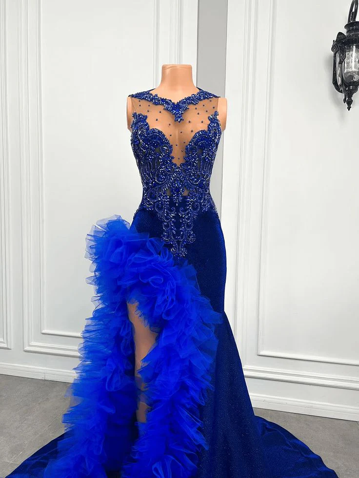 Royal Blue Mermaid Prom Dress Ruffled Evening Dresses with Slit fg7640 - Image 3