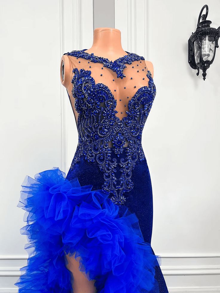 Royal Blue Mermaid Prom Dress Ruffled Evening Dresses with Slit fg7640 - Image 4