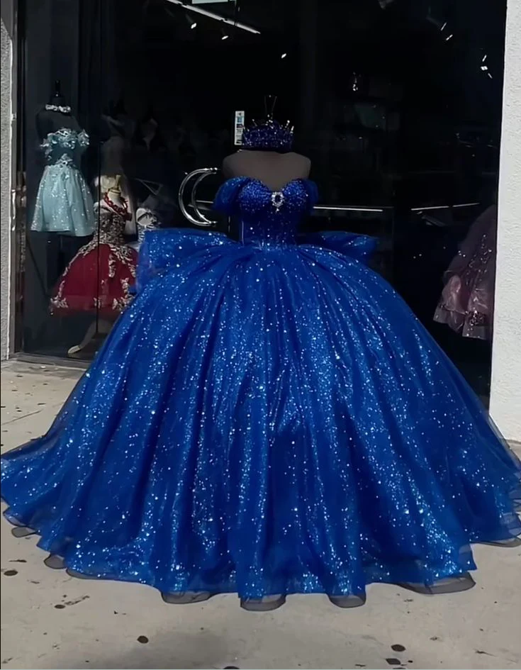 Royal Blue Quinceanera Dresses Off the Shoulder Shinny Tull Sweet 16 Vestidos fg7510 - Image 2