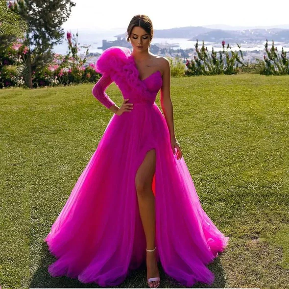 Ruffles Formal One Shoulder Tull High Slit Guest Dress Prom Dresses fg3131